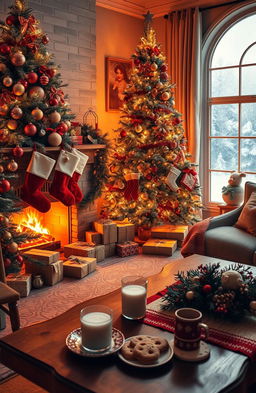 A cozy Christmas scene featuring a beautifully decorated living room with a large Christmas tree adorned with colorful ornaments and twinkling lights