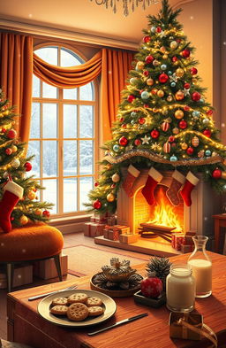 A cozy Christmas scene featuring a beautifully decorated living room with a large Christmas tree adorned with colorful ornaments and twinkling lights