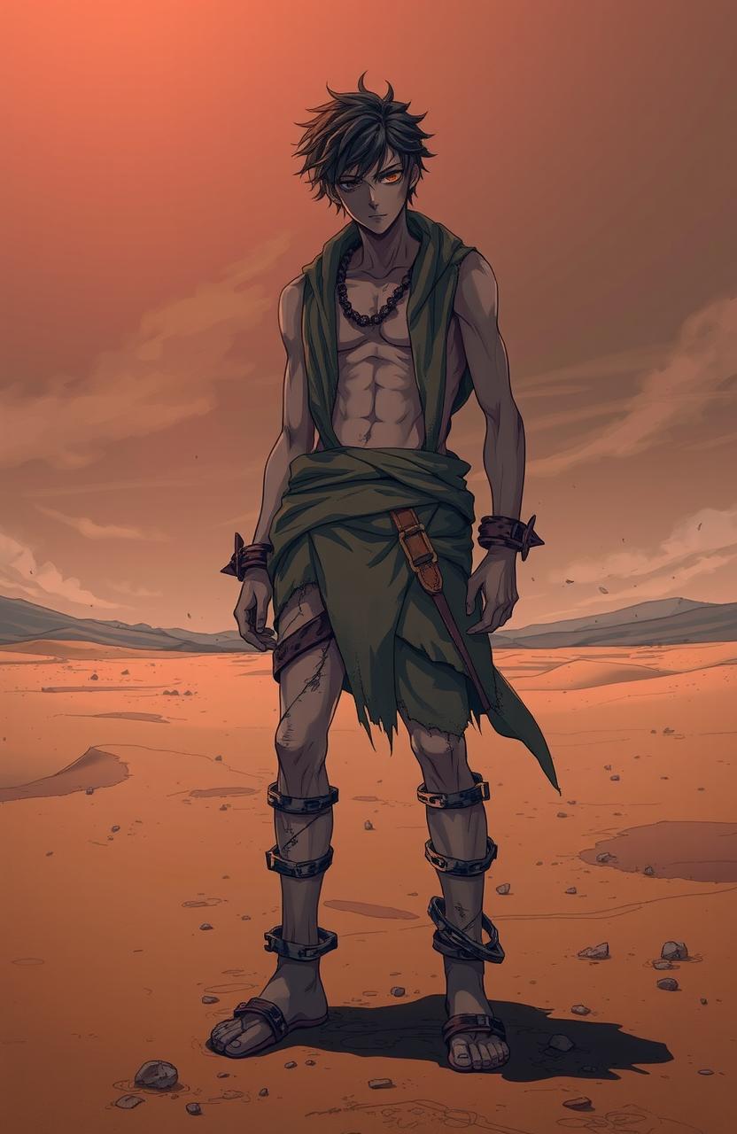 A cover featuring a man in tattered rags standing in a vast desert