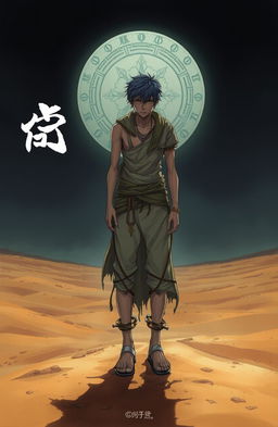 A cover featuring a man in tattered rags standing in a vast desert