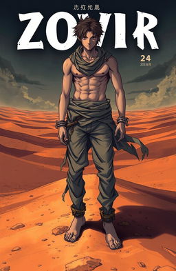 A cover featuring a man in tattered rags standing in a vast desert