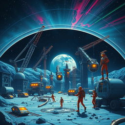 A retro-futuristic sci-fi illustration depicting a collaborative scene of robots and humans constructing a large lunar city beneath a protective dome