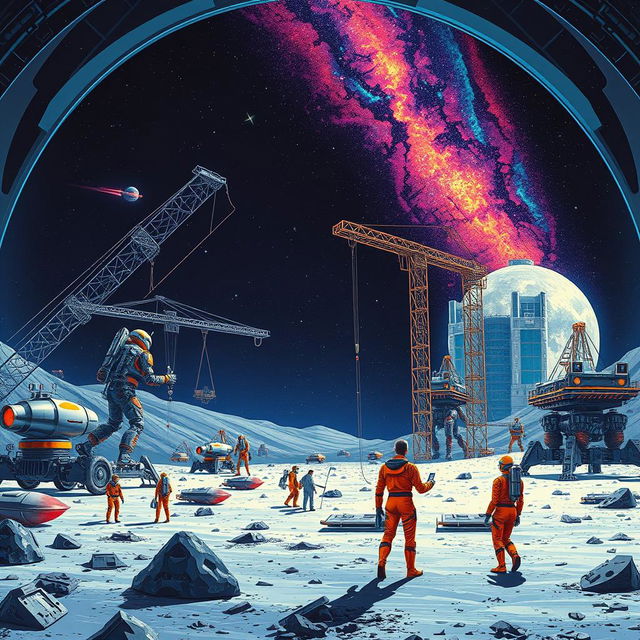 A retro-futuristic sci-fi illustration depicting a collaborative scene of robots and humans constructing a large lunar city beneath a protective dome