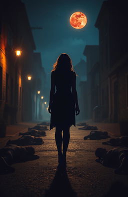 A haunting scene featuring a silhouette of a woman resembling Katherine Pierce, with her back turned, centered in the composition