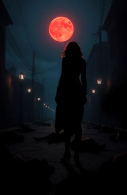 A haunting scene featuring a silhouette of a woman resembling Katherine Pierce, with her back turned, centered in the composition