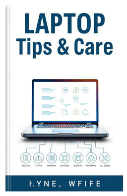 A visually striking book cover for a guide titled 'Laptop Tips & Care'