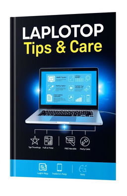 A visually striking book cover for a guide titled 'Laptop Tips & Care'
