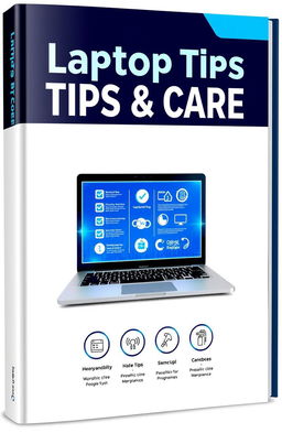A visually striking book cover for a guide titled 'Laptop Tips & Care'