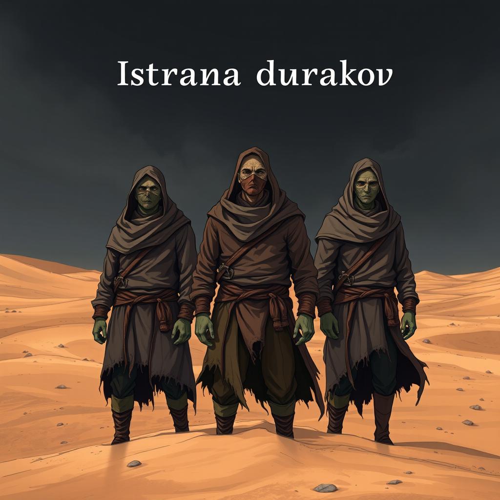 A cover for the book titled 'Страна дураков' (Country of Fools), featuring three men in tattered rags standing in a vast desert