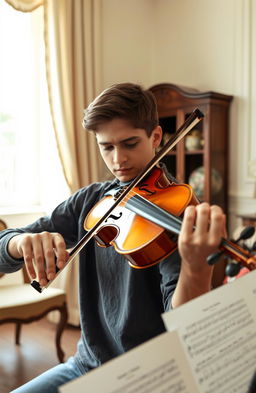 A focused young adult practicing the violin in a brightly lit room, surrounded by music sheets, showcasing determination and passion