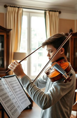 A focused young adult practicing the violin in a brightly lit room, surrounded by music sheets, showcasing determination and passion