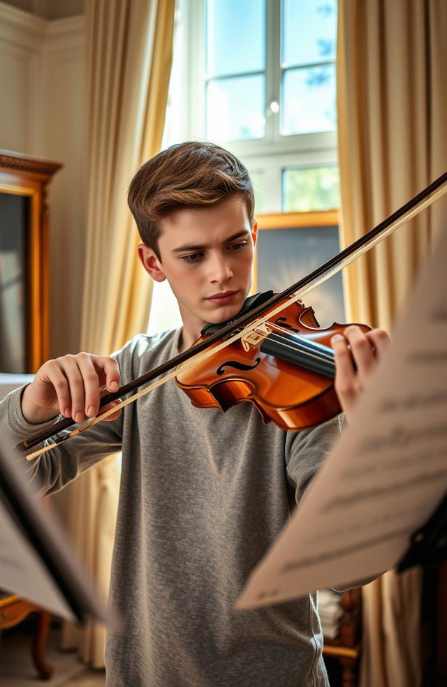 A focused young adult practicing the violin in a brightly lit room, surrounded by music sheets, showcasing determination and passion