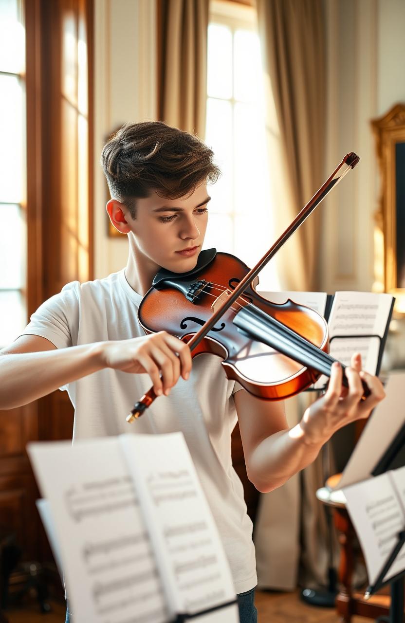 A focused young adult practicing the violin in a brightly lit room, surrounded by music sheets, showcasing determination and passion