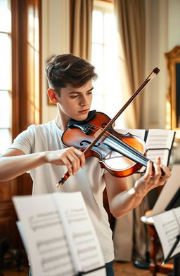 A focused young adult practicing the violin in a brightly lit room, surrounded by music sheets, showcasing determination and passion