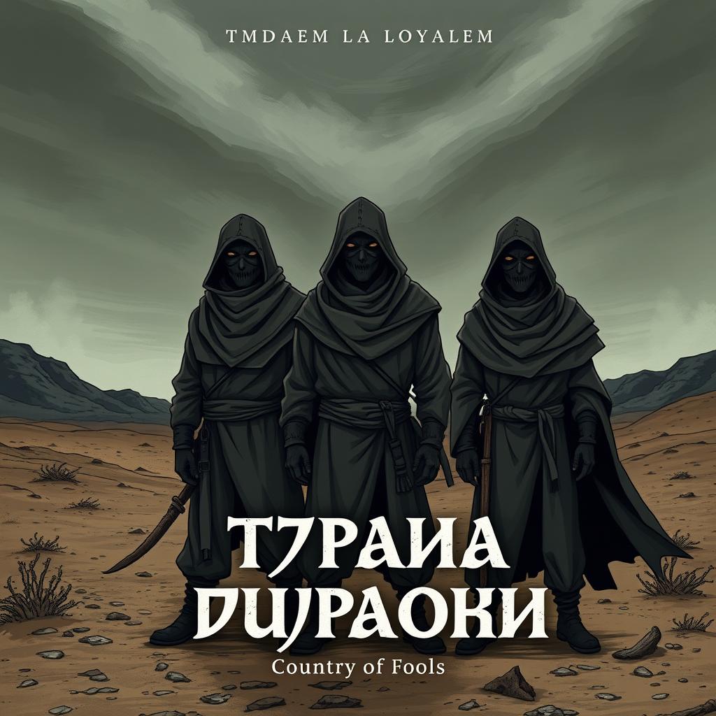 A cover for the book titled 'Страна дураков' (Country of Fools), featuring three men in tattered rags standing together in a barren desert landscape