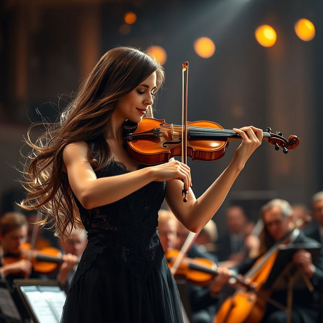 A stunning image of a violin soloist performing on stage, immersed in the music