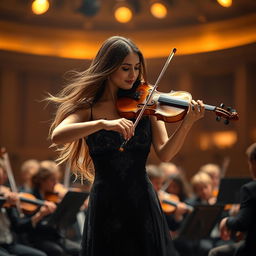 A stunning image of a violin soloist performing on stage, immersed in the music
