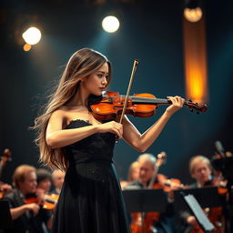A stunning image of a violin soloist performing on stage, immersed in the music