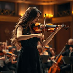 A stunning image of a violin soloist performing on stage, immersed in the music