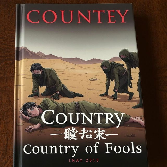 A cover for the book titled 'Country of Fools', featuring three men in tattered rags in a desolate desert setting