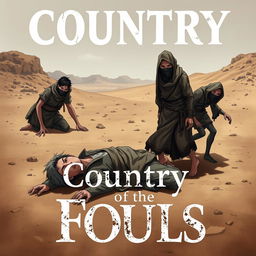 A cover for the book titled 'Country of Fools', featuring three men in tattered rags in a desolate desert setting