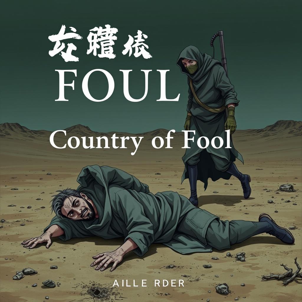 A cover for the book titled 'Country of Fools', featuring three men in tattered rags in a desolate desert setting