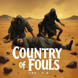 A cover for the book titled 'Country of Fools', featuring three men in tattered rags in a desolate desert setting