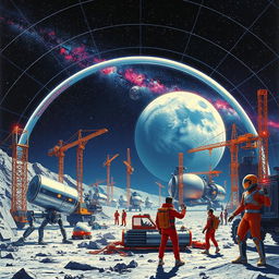 A retro-futuristic sci-fi illustration showcasing robots and humans collaboratively constructing a large lunar city beneath a protective dome