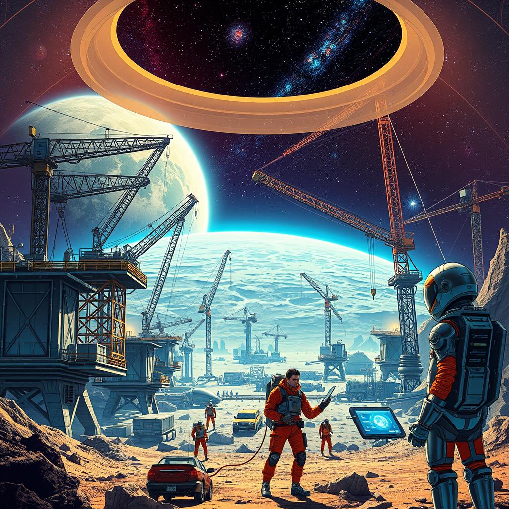 A retro-futuristic sci-fi illustration showcasing robots and humans collaboratively constructing a large lunar city beneath a protective dome