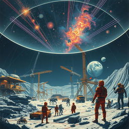 A retro-futuristic sci-fi illustration showcasing robots and humans collaboratively constructing a large lunar city beneath a protective dome