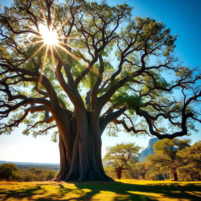 A serene landscape featuring a majestic baobab tree with its crooked branches, bathed in the bright sunlight