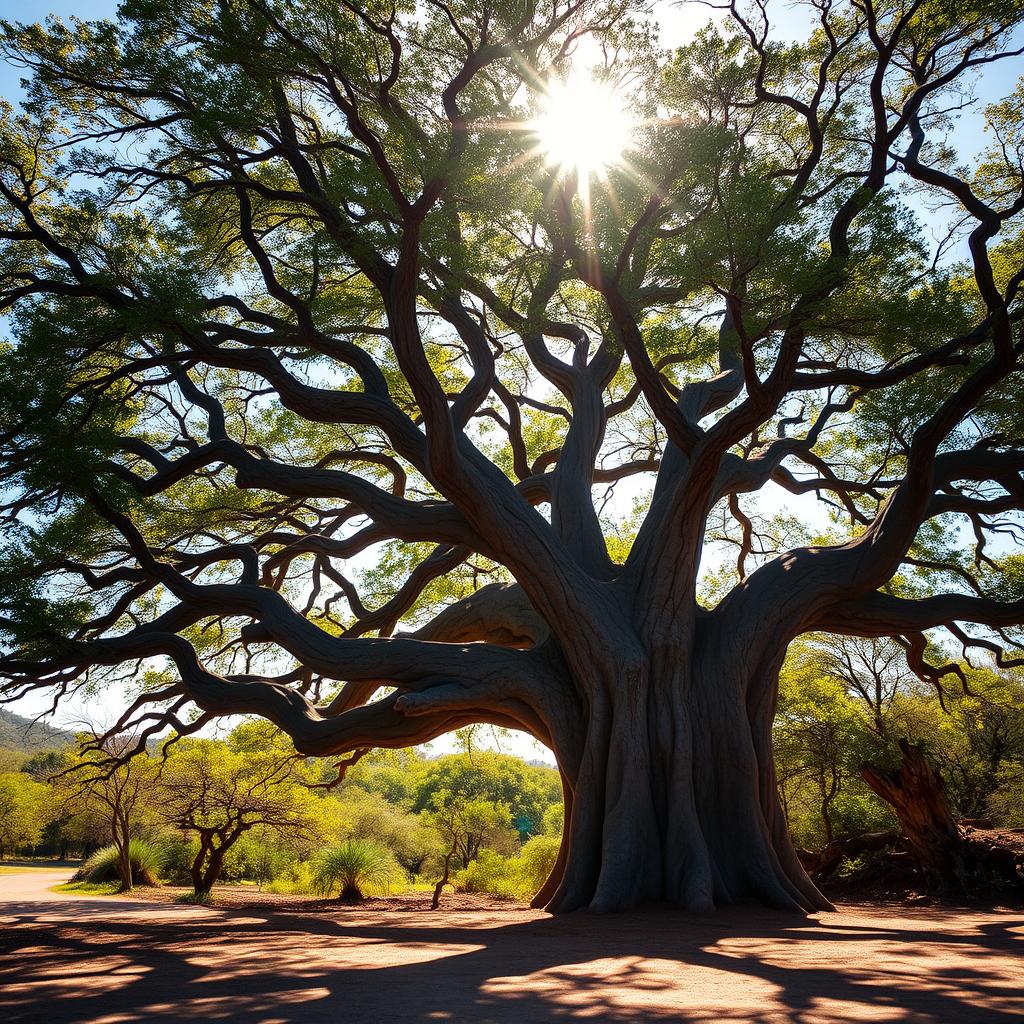 A serene landscape featuring a majestic baobab tree with its crooked branches, bathed in the bright sunlight