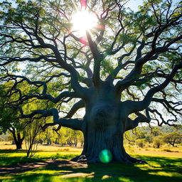 A serene landscape featuring a majestic baobab tree with its crooked branches, bathed in the bright sunlight