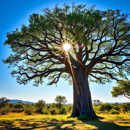 A serene landscape featuring a majestic baobab tree with its crooked branches, bathed in the bright sunlight