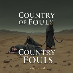 A cover for the book titled 'Country of Fools', featuring three men in tattered rags in a desolate desert landscape