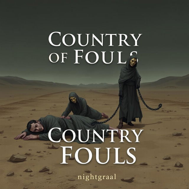 A cover for the book titled 'Country of Fools', featuring three men in tattered rags in a desolate desert landscape