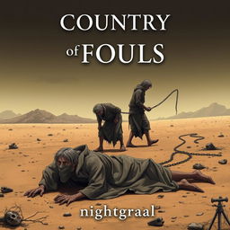 A cover for the book titled 'Country of Fools', featuring three men in tattered rags in a desolate desert landscape