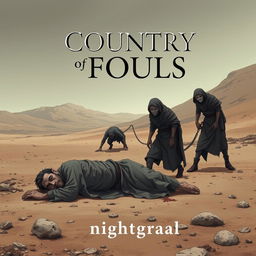 A cover for the book titled 'Country of Fools', featuring three men in tattered rags in a desolate desert landscape