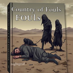 A cover for the book titled 'Country of Fools', featuring three men in tattered rags in a desolate desert landscape