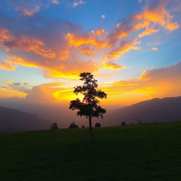 A picturesque scene featuring a single tree standing gracefully under a dramatic cloud-filled sky during sunset in the scenic Gilgit picnic area