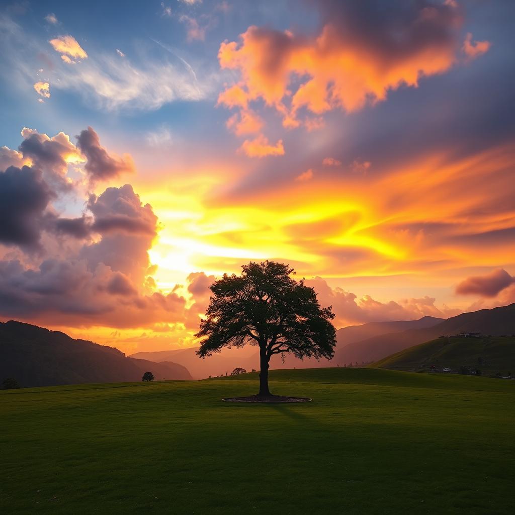 A picturesque scene featuring a single tree standing gracefully under a dramatic cloud-filled sky during sunset in the scenic Gilgit picnic area