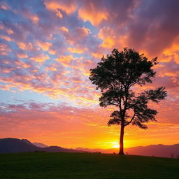 A picturesque scene featuring a single tree standing gracefully under a dramatic cloud-filled sky during sunset in the scenic Gilgit picnic area