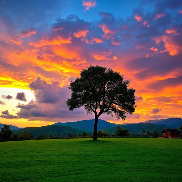 A picturesque scene featuring a single tree standing gracefully under a dramatic cloud-filled sky during sunset in the scenic Gilgit picnic area