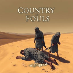 A cover for the book titled 'Country of Fools', depicting three men in tattered rags standing in an arid desert landscape