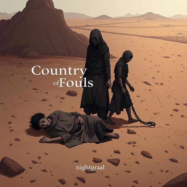 A cover for the book titled 'Country of Fools', depicting three men in tattered rags standing in an arid desert landscape