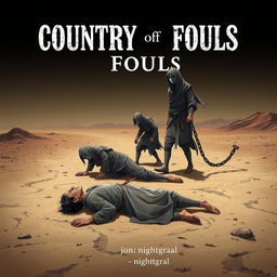A cover for the book titled 'Country of Fools', depicting three men in tattered rags standing in an arid desert landscape