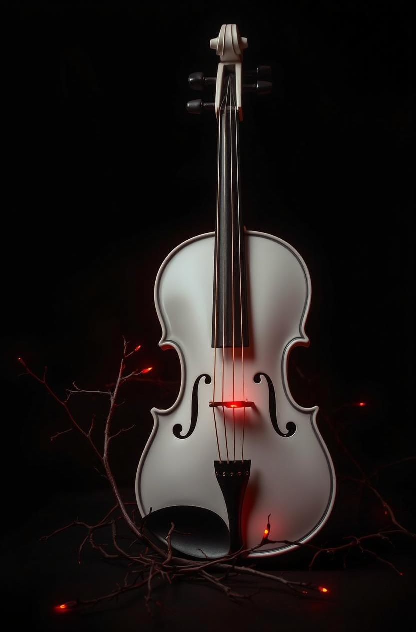 A white violin elegantly positioned in a dark setting, surrounded by delicate, bare branches adorned with soft, glowing red lights