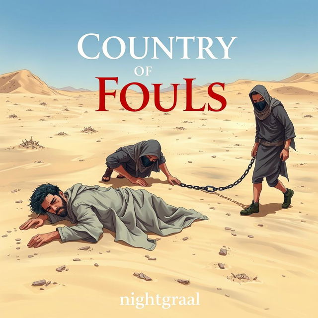 A cover for the book titled 'Country of Fools', depicting three men in tattered rags set against a barren desert backdrop