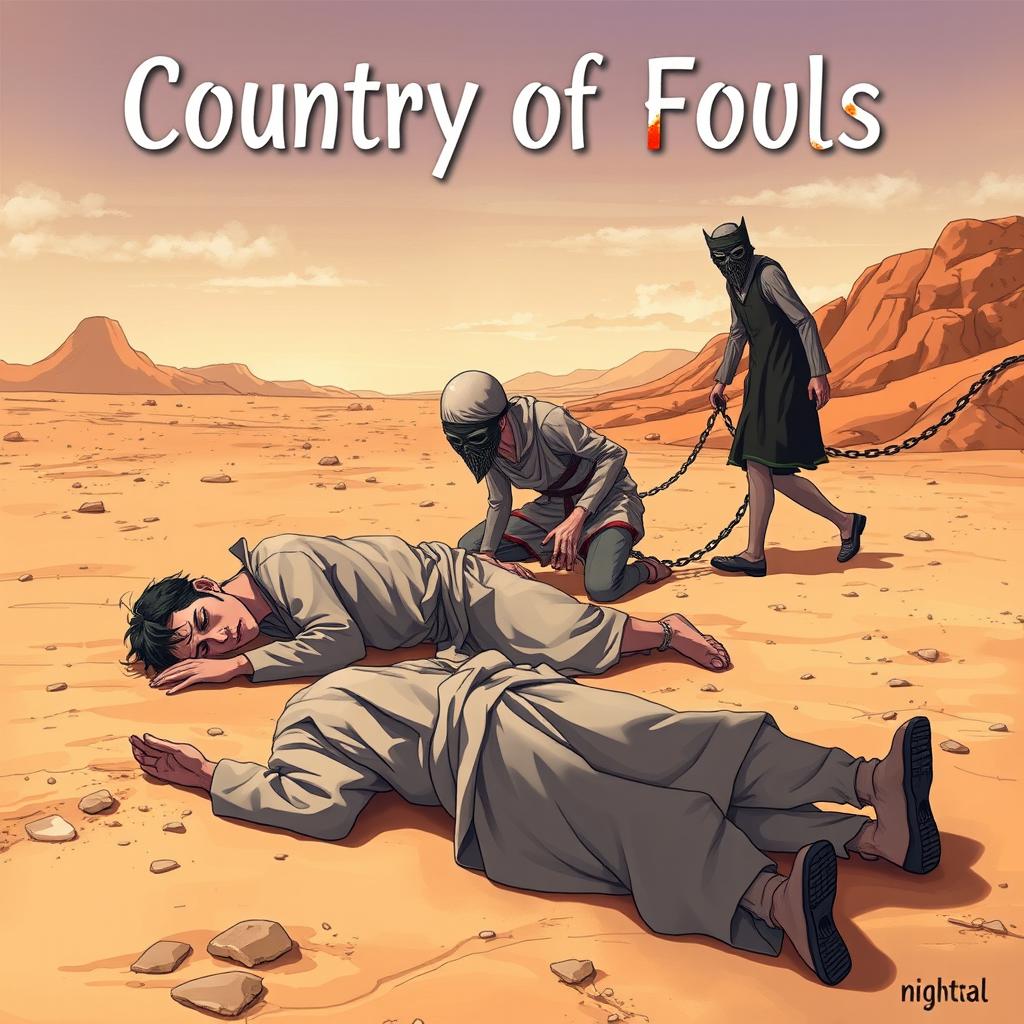 A cover for the book titled 'Country of Fools', depicting three men in tattered rags set against a barren desert backdrop