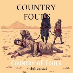 A cover for the book titled 'Country of Fools', depicting three men in tattered rags set against a barren desert backdrop